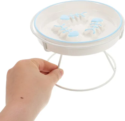 Vista 4 de Mobestech Cuenco de cerámica para gatos de alimentación lenta con soporte elevado, plato elevado antiestrangulamiento para gatos