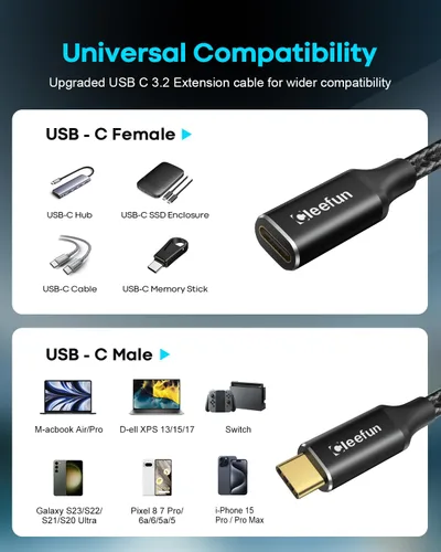 Vista 5 de CLEEFUN Cable de extensión USB-C, 1 pie, paquete de 1, USB-C macho a hembra, datos de 10 Gbps y sincronización de video 4K, carga rápida de 100 W