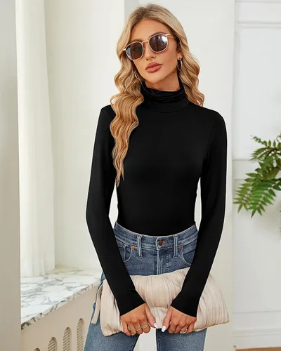 Vista 3 de Ficerd Paquete de 2 camisas de cuello alto para mujer, manga larga, cuello alto, ajustadas, suaves, elásticas, térmicas, básicas, sin botones