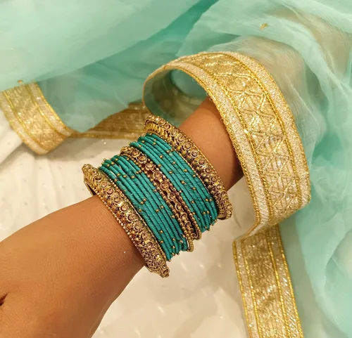 Vista 4 de Efulgenz Indian Silk Thread Bangle Set Crystal Stone Studded Metal Beaded Bangles Indian Bangles for Women for Wedding Party Boho Bracelet Bangle