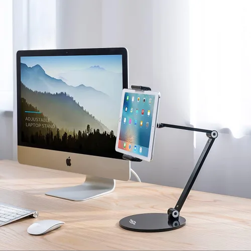 Vista 4 de KABCON Soporte para tableta, ajuste ajustable giratorio de 360°, multiángulo, nivel de ojo, de aluminio, sólido, brazo largo, para iPad Series