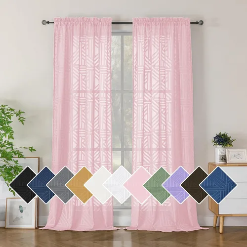 Vista 65 de Simplebrand Cortinas traslúcidas negras de cocina de 24 pulgadas de largo, 2 paneles, filtrado de luz, geométrico jacquard con textura, cortinas
