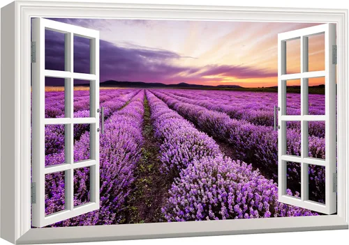 Vista 16 de wall26 - Cuadro en lienzo para pared, vista de ventana, atardecer neón, cielo, palmera tropical, playa, naturaleza, desierto, fotografía, realismo
