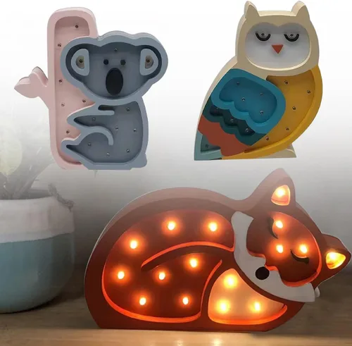 Vista 4 de Luz de noche LED decorativa para niños, decoración de guardería de bebé, lindo zorro lámpara de mesa de madera, letrero de animal, adorno