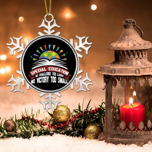 Vista 3 de Adorno de Navidad de copo de nieve de metal para concienciación sobre el autismo, educación especial, autismo, sol, árbol de Navidad, adorno