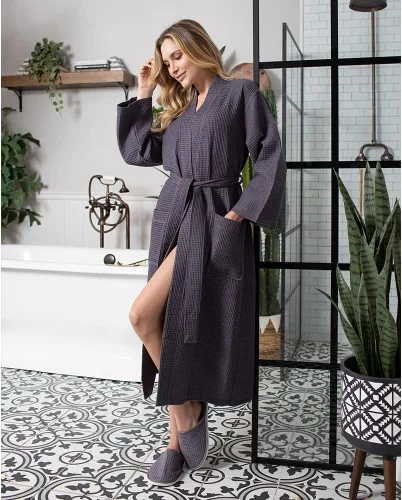 Vista 2 de Lotus Linen Batas ligeras de tejido gofre para mujer, bata larga de algodón suave, bata de baño tipo kimono para spa