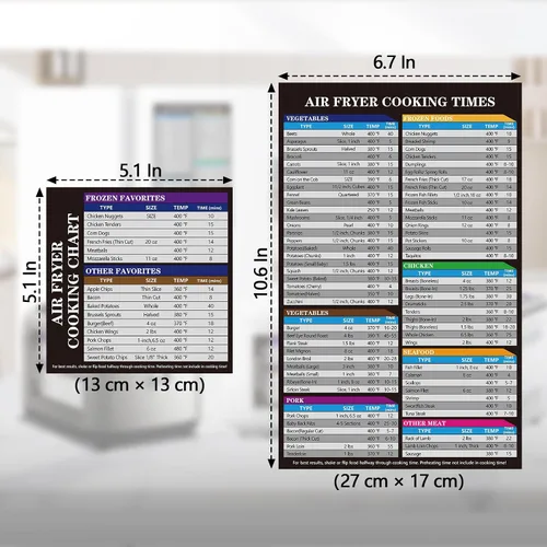 Vista 3 de Tabla magnética de tiempos de cocción para freidora de aire - Juego de 2 hojas magnéticas para más de 80 alimentos, guía rectangular de cocción