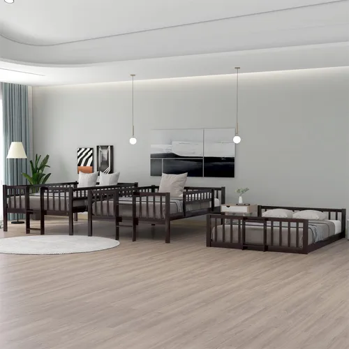 Vista 5 de Linique Litera triple de tamaño matrimonial con tobogán y escalera, marco de cama separable de madera maciza con barandilla de longitud completa