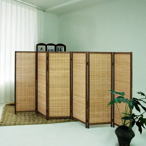 Vista 7 de Divisor corto de habitación de 3 paneles – Pantalla de privacidad plegable de doble cara de 3.9 pies de alto, pared de división de bambú beige