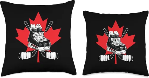 Vista 3 de Hockey Stick Ice Skates Canada Ice Hockey Gift Patines de palo Bandera canadiense Almohada de jugador de hockey sobre hielo, 16 x 16, multicolor