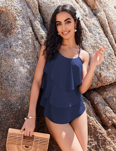Vista 3 de Avidlove Conjunto de tankini con cuello en V y volantes en capas de dos piezas con tirantes ajustables para mujer