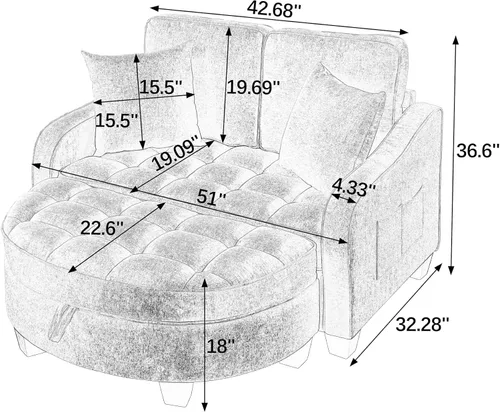 Vista 2 de Moderno sofá doble Chaise Longue con reposabrazos y respaldos irregulares, reposapiés con espacio de almacenamiento, sofá cama para sala de estar