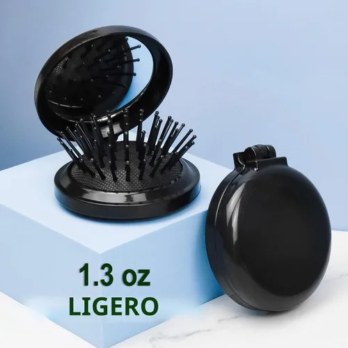 Vista 2 de Paquete de 10 mini cepillos de pelo plegables de viaje con espejo, cepillos Negro