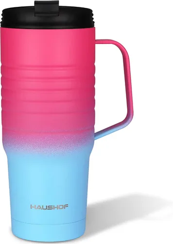 Vista 10 de HAUSHOF Taza de viaje de 24 oz con asa, taza de café de viaje con aislamiento al vacío de acero inoxidable, tazas de viaje de doble pared con tapa a