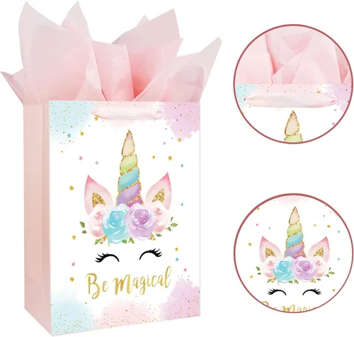 Vista 3 de Bolsa de regalo de unicornios grandes de 13 pulgadas para cumpleaños, baby shower, bolsa de regalo para niña con tarjeta y papel de seda, diseño