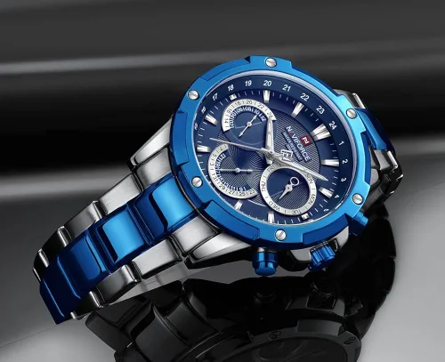 Vista 4 de NAVIFORCE Relojes deportivos para hombre, de acero completo, reloj de cuarzo para hombre, fecha, semana, resistente al agua, reloj militar