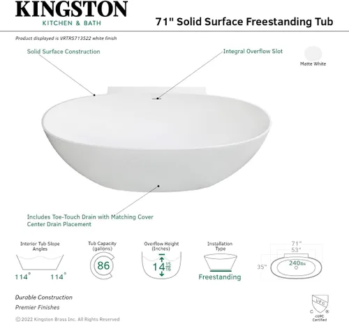 Vista 9 de Kingston Brass VRTRS713522 Acrticstone - Bañera independiente de superficie sólida de 71 pulgadas con drenaje, color blanco mate