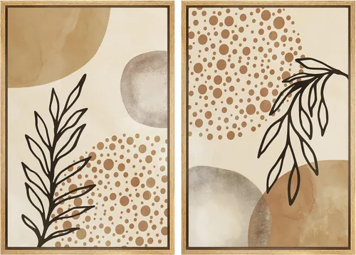 Vista 105 de SIGNFORD Lienzo enmarcado para pared, juego de arte geométrico retro de mediados de siglo, plantas forestales, ilustraciones con formas abstractas