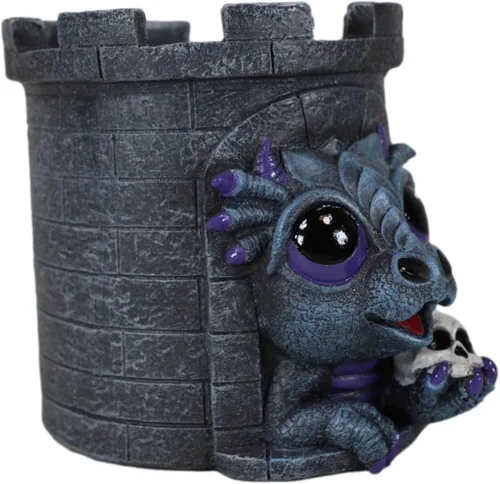 Vista 5 de Ebros Gift Fantasía medieval, dragón caprichoso, Wyrmling, sosteniendo cráneo en castillo, torre de papelería, estatua gótica dragón organizador