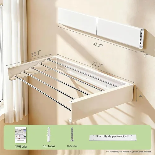 Vista 3 de Tendedero de pared de 31.5 pulgadas, estante de secado de ropa plegable de pared, estante de secado de ropa para ahorrar espacio, estante de secado