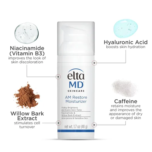 Vista 6 de EltaMD Crema Hidratante Facial AM Restore para Mujeres y Hombres, Crema Facial Hidratante Ligera, Hecha con Niacinamida y Ácido Hialurónico, Bomba