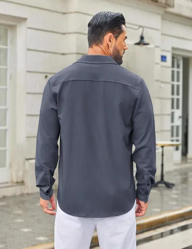 Vista 47 de COOFANDY Camisa de vestir casual de mezclilla con botones y manga larga para hombre