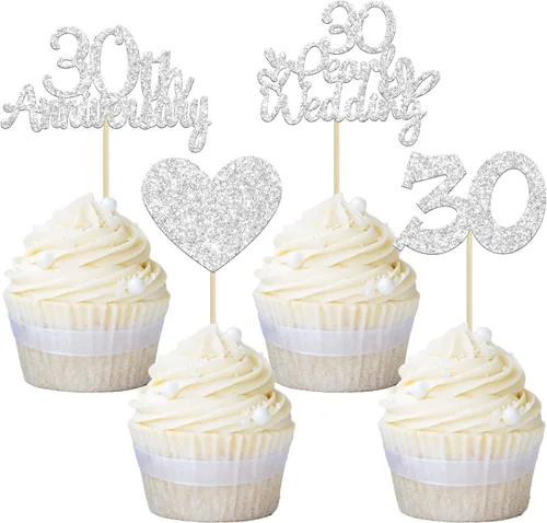 Vista 10 de Gyufise 24 adornos plateados para cupcakes de 25 aniversario, boda, aniversario de 25 años, decoración de pastel de corazón para 25 decoraciones