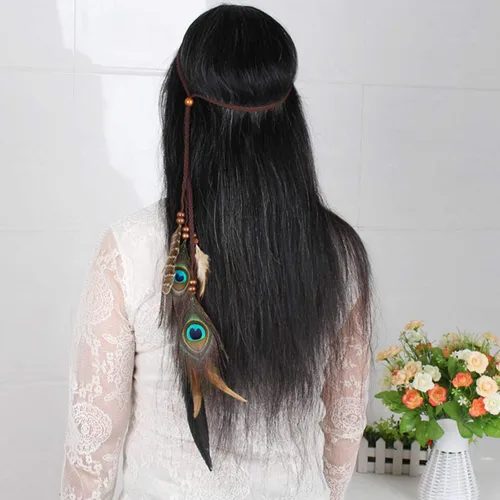 Vista 4 de Diadema de plumas hippie indio bohemio con borla bohemia para Halloween diadema para el pelo para mujer adorable corona para decoración de fiesta