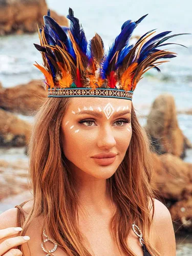 Vista 3 de Tocado de plumas de carnaval, tocado de plumas indias, diadema de corona, disfraz de Halloween, accesorios para el cabello para mujer