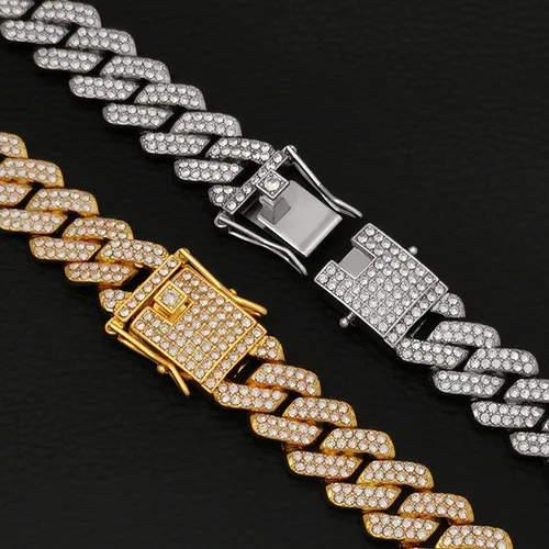 Vista 4 de Cadena de eslabones cubanos para hombre, 0.51 pulgadas de ancho, plataoro, cadena cubana AAA+, diamantes de imitación, aleación de zinc, cadenas