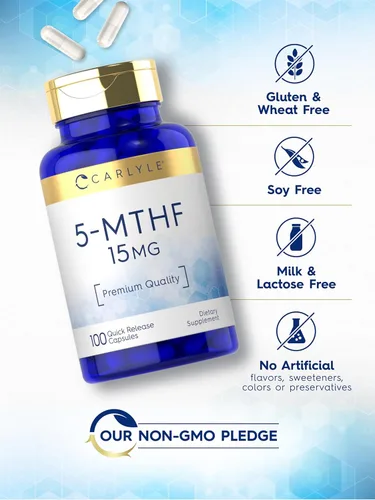 Vista 5 de Carlyle Suplemento 5-MTHF 15mg 100 cápsulas L-metilfolato Sin OMG, sin gluten Calidad premium
