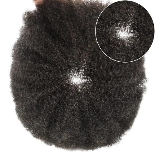 Vista 4 de Afro Toupee For Black Men Black Human Hair Mens Toupee Full Lace Hairpiece African American Wavy Kinky Hair System For Men 2MM Afro Wavy-#1 Jet Black
