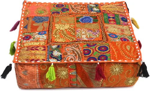 Vista 20 de CRAFT KALA Funda de Puf Tradicional de Retazos Cuadrada India Pufs de Sala de Estar India Otomana de Diseñador Bordada Decorativa Hogar Vida Rosa