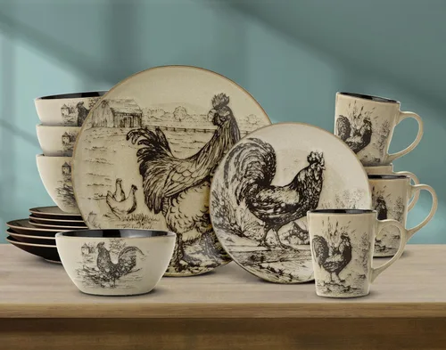 Vista 3 de Pfaltzgraff Homespun Rooster - Juego de vajilla de 16 piezas, servicio para 4, color marrón