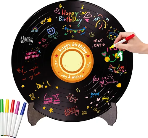 Vista 9 de Holkcog Disco de vinilo para decoración de cumpleaños, letrero de arte de graffiti con soporte, libro de invitados de feliz cumpleaños para hombres