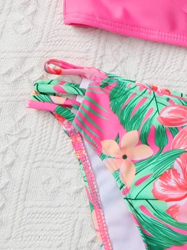Vista 4 de Romwe Traje de baño de 2 piezas para niña, con estampado floral, cuello en V, con volantes