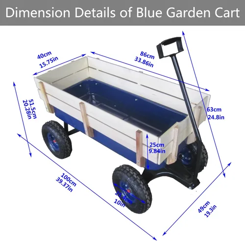 Vista 7 de Carro de carga de acero resistente con soporte lateral de madera con neumáticos todo terreno de 10", capacidad de arrastre de hasta 176lb, carro Azul