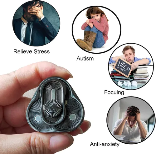 Vista 6 de Deslizador de metal para ansiedad, rotación triangular, forma de trébol, juguetes EDC para adultos para aliviar el estrés y la ansiedad, TDAH Negro