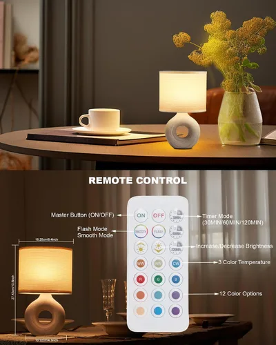 Vista 4 de UMEXUS Lámpara de mesa inalámbrica pequeña de 10 pulgadas con temporizador y atenuador, lámpara recargable a pilas con control remoto, luz portátil