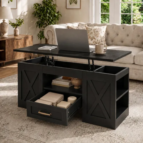 Vista 3 de Saudism Mesa auxiliar elevable de 40 pulgadas, mesas auxiliares multifunción 4 en 1 con cajones de almacenamiento y compartimentos ocultos, mesa