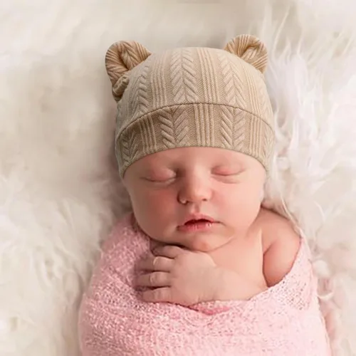 Vista 4 de Conjunto de gorro y mitones para recién nacidos con orejas de oso, gorro para bebé, gorro de hospital para bebé niño o niña, de 0 a 3 meses 4