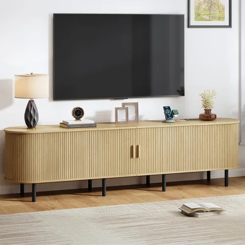 Vista 15 de Soporte de TV de 55 pulgadas con toma de corriente, consola multimedia moderna con puertas correderas, centro de entretenimiento para televisores