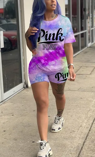 Vista 3 de Nhicdns Conjunto de 2 piezas para mujer, conjunto de pantalones cortos de verano con estampado casual de dos piezas