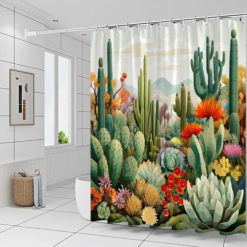 Vista 4 de Cortinas de ducha de cactus con plantas tropicales y flores, flores suculentas, desierto, montaña, paisaje, decoración de baño, cortinas de tela