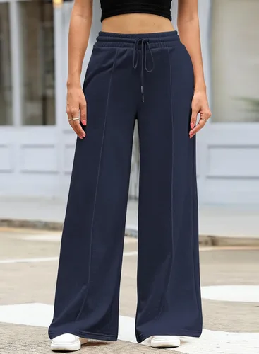 Vista 4 de Aleumdr Pantalones deportivos de cintura alta con cordón y pierna ancha con bolsillos, pantalones de yoga sueltos casuales para mujer