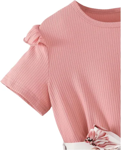 Vista 5 de OYOANGLE Vestido casual de verano para niña, vestido corto fruncido de manga corta con lazo y cinturón acampanado de cintura alta