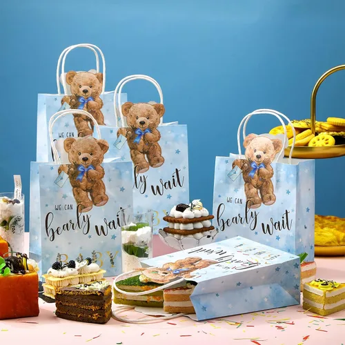 Vista 2 de Tinlade - 16 bolsas de regalo de oso para baby shower, We Can Bearly Wait, bolsas de regalos con asas, para baby shower, regalos para recién Azul