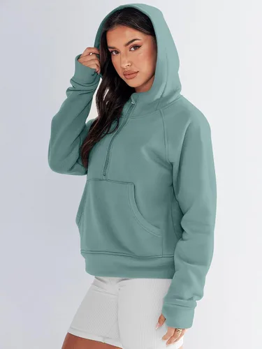 Vista 9 de Prinbara Sudaderas con capucha corta con media cremallera para mujer, sudadera de forro polar con cremallera de un cuarto, ropa de otoño