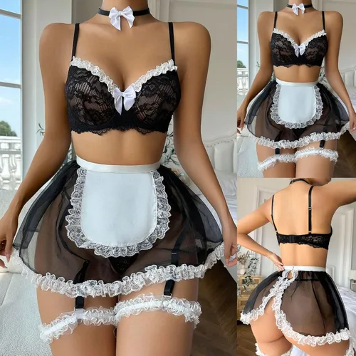 Vista 2 de Lencería sexy para mujer, juego de rol, traje de sirvienta, vestido de lencería de encaje, delantal de peluche Lolita, conjunto de traje de cosplay