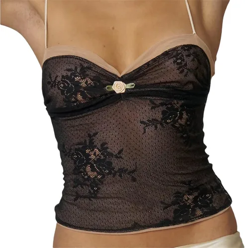 Vista 4 de RUEWEY Camiseta sin mangas con estampado floral para mujer, con ribete de encaje, lazo frontal, ajustada